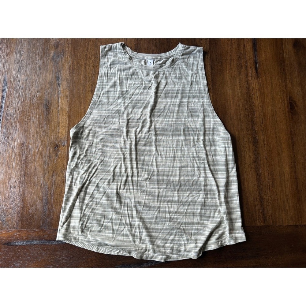 Athleta Women Large Tan White Striped Muscle Tank Top High Neck Activewear